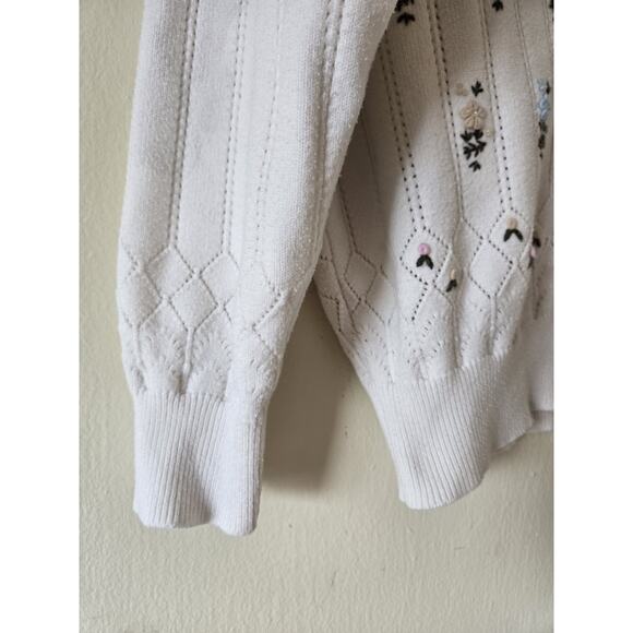 Simple Retro Floral Cardigan Grandma Cottagecore Ivory Pastel Embroidered Knit - Picture 6 of 12